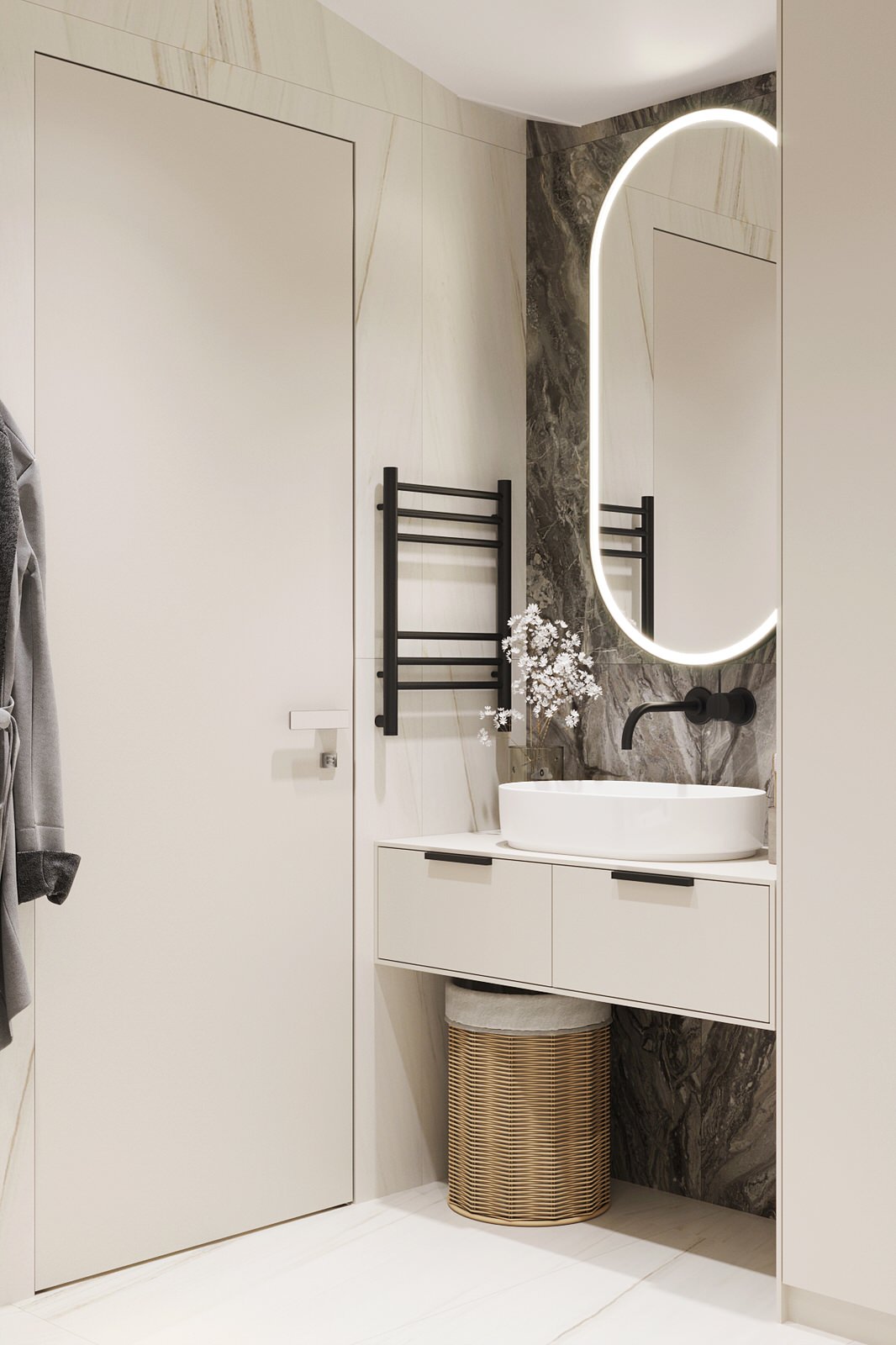 Белые интерьеры спальни и ванной комнаты