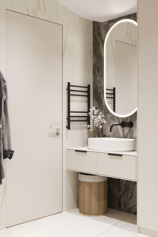 Белые интерьеры спальни и ванной комнаты