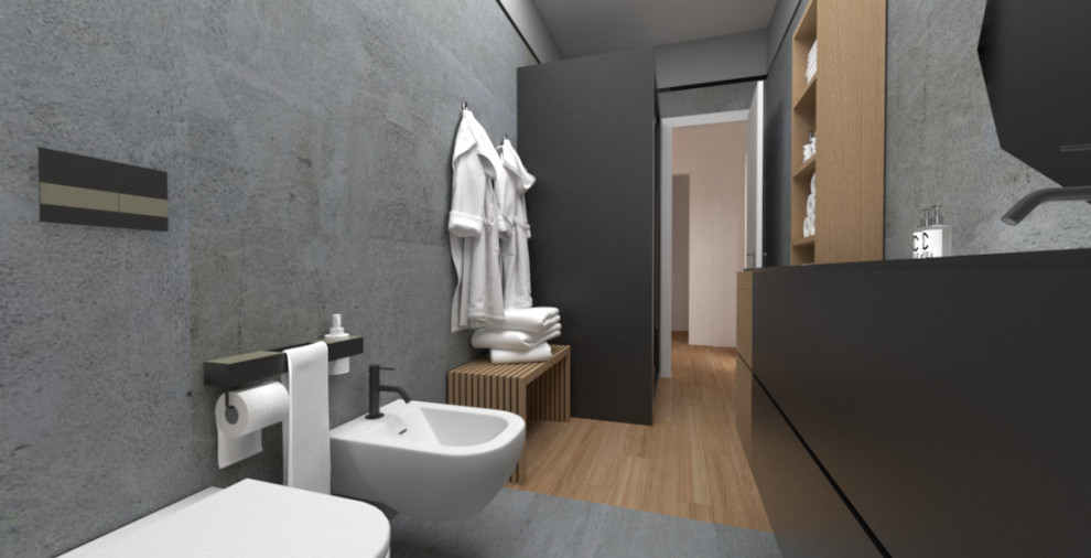 Foto di una sauna design di medie dimensioni con ante lisce, ante nere, top in superficie solida, top bianco, un lavabo e mobile bagno sospeso