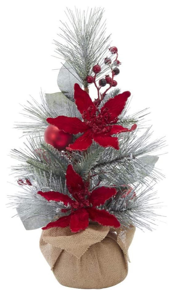 Kurt S. Adler 18" Flocked Tree with Berries and Poinsettia in Burlap