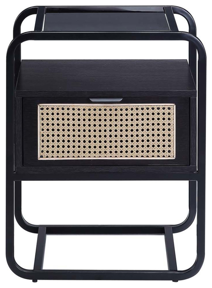Metal Frame Nightstand With One Drawer, Black Finish Tropical
