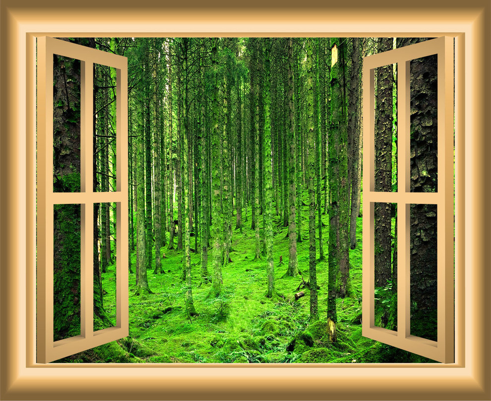 3D Window Forest Bamboo Birch Tree View Wall Stickers Wall Mural Wall Decals 