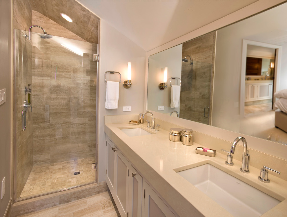 Photo of a contemporary 3/4 bathroom in Denver with shaker cabinets, white cabinets, an alcove shower, beige tile, porcelain tile, beige walls, porcelain floors, an undermount sink, engineered quartz benchtops, beige floor, a hinged shower door and beige benchtops.