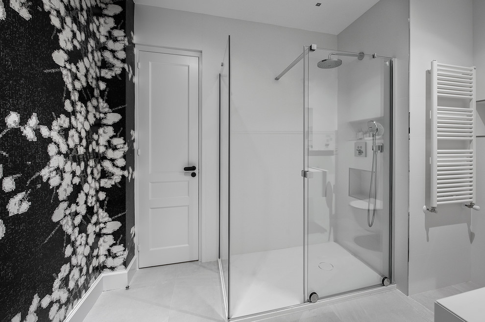 Design ideas for a mid-sized eclectic master wet room bathroom in Other with white tile, white walls, porcelain floors, white floor and a sliding shower screen.