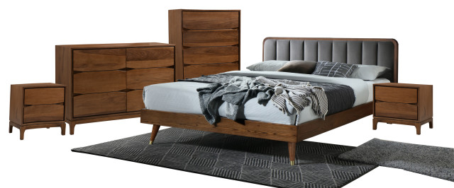 Mid century, modern & contemporary beds. 5 pcs mid century rosa queen upholstery wood bedroom walnut gray