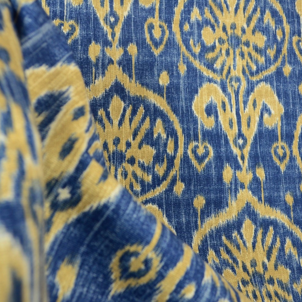 Turkestan Twilight Ikat Damask Blue Fabric By The Yard