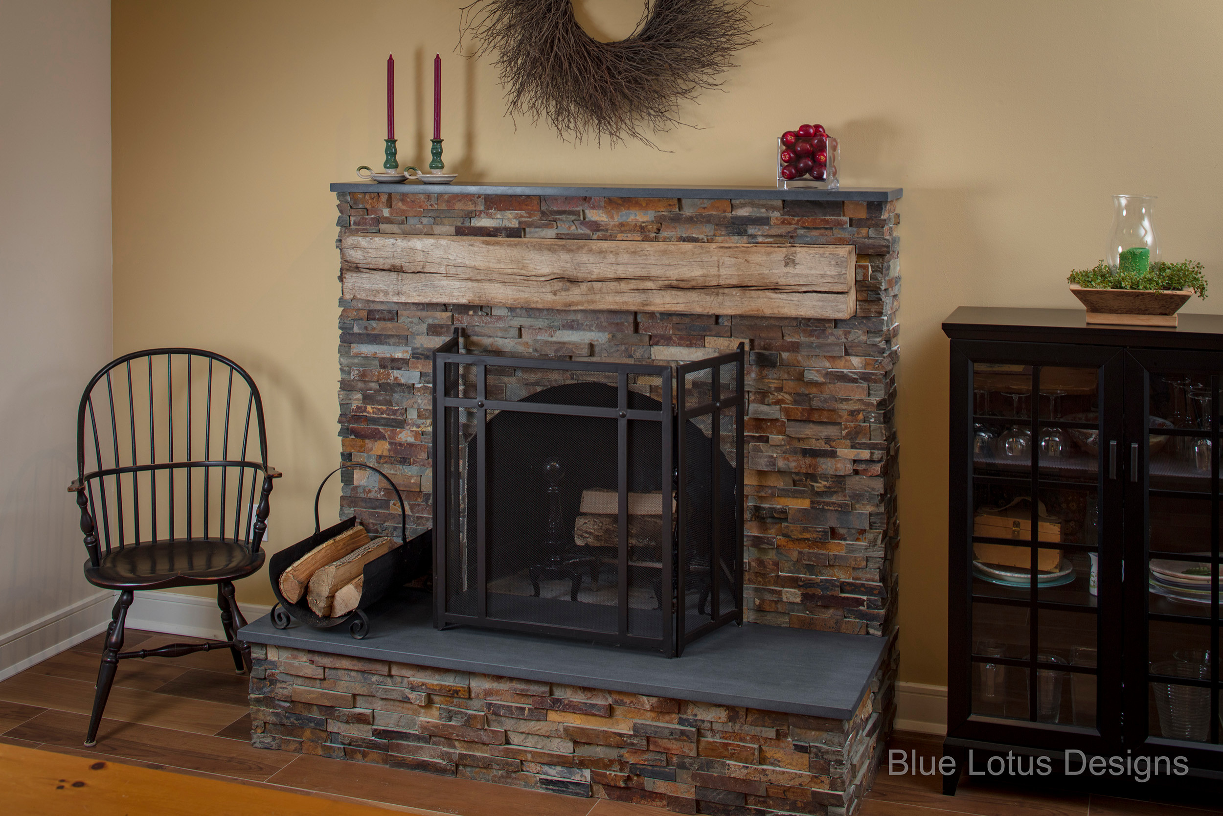Covered brick Fireplace With Stone