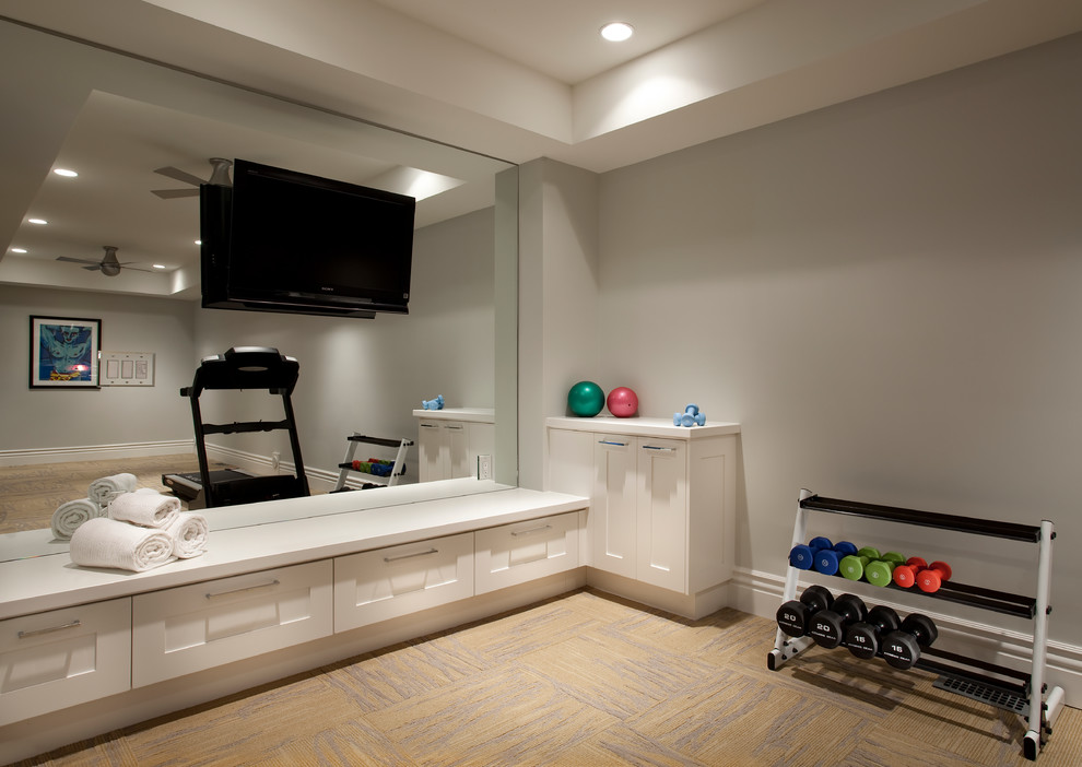 Inspiration for a mid-sized transitional home weight room in Salt Lake City with grey walls.