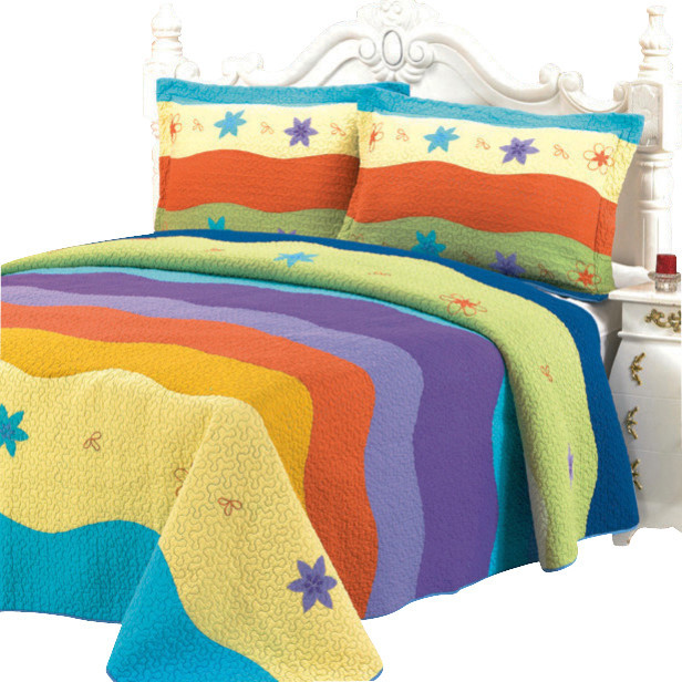 Colorful Ocean100 Cotton 3PC Embroidered Patchwork Quilt Set Full