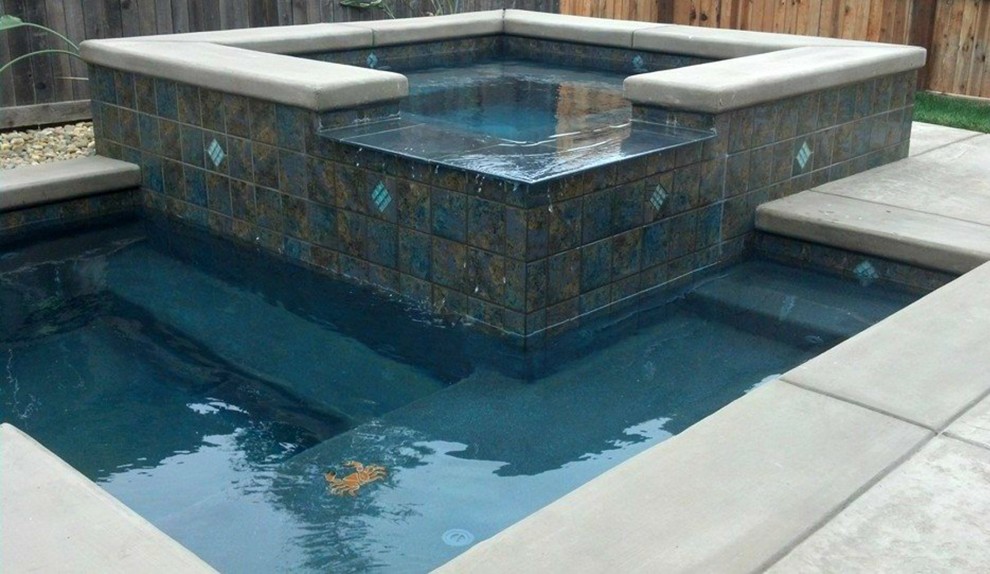 Example of a small transitional backyard concrete and rectangular natural hot tub design in Sacramento