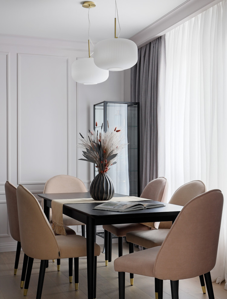 Classic dining room in Moscow with a dado rail.