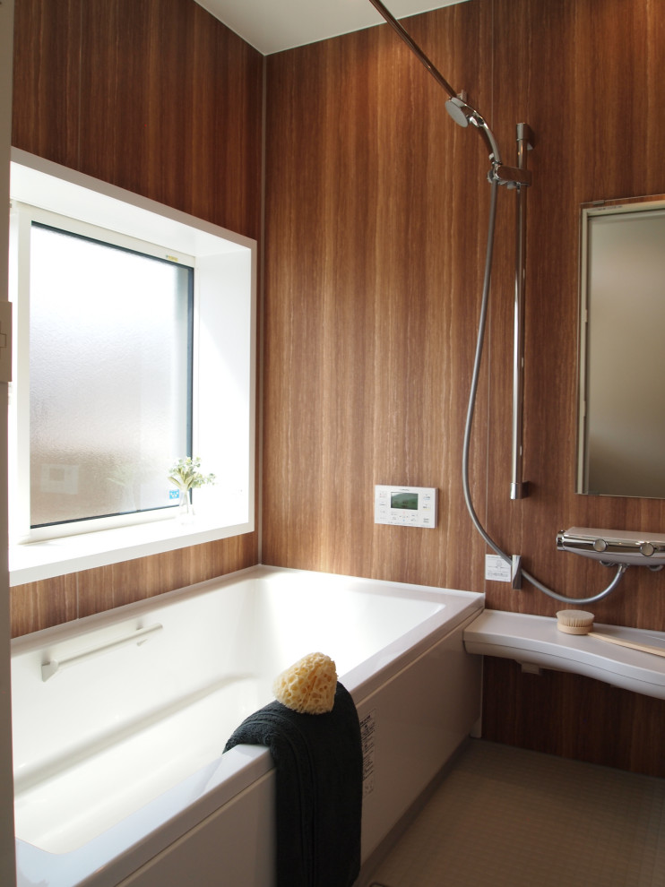 This is an example of a mid-sized scandinavian master bathroom in Other with brown walls, beige floor and panelled walls.