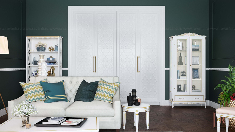 Гостиная в тёмно-зелёном и белом тонах