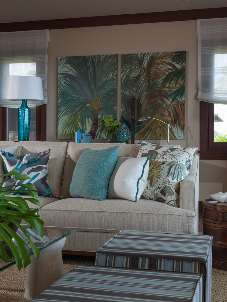 Design ideas for a mid-sized tropical living room in Hawaii with beige walls.