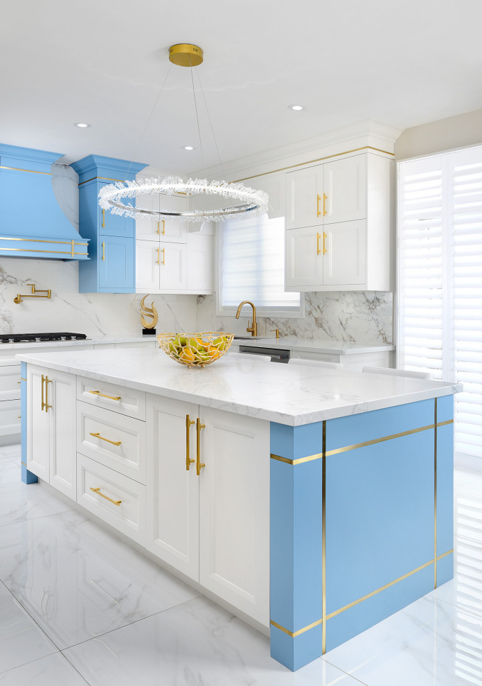 Enclosed kitchen - marble floor and white floor enclosed kitchen idea in Toronto with a drop-in sink, flat-panel cabinets, blue cabinets, marble countertops, white backsplash, marble backsplash, an island and white countertops