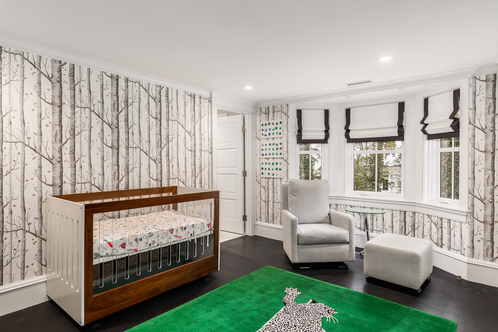 Inspiration for a mid-sized transitional nursery for boys in New York with multi-coloured walls, dark hardwood floors, black floor and wallpaper.