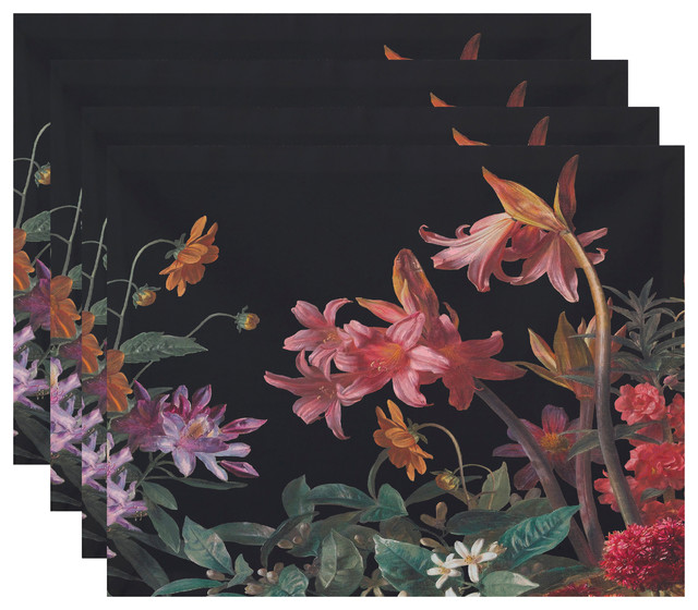 Color Me Floral 18"x14" Black Floral Print Placemat, Set of 4