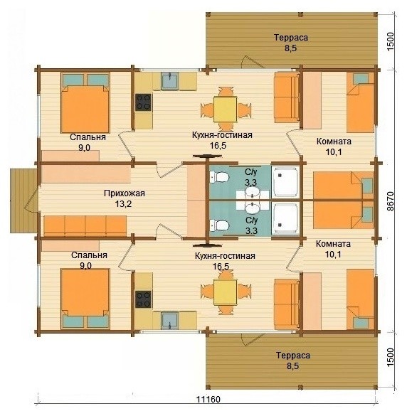 Двухквартирные апартаменты из клеёного бруса для постоянного проживания Базис 1