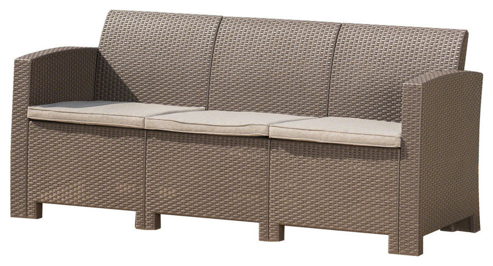 GDF Studio St. Pete Outdoor 3-Seat Faux Wicker Rattan Sofa, Brown/Mix Beige