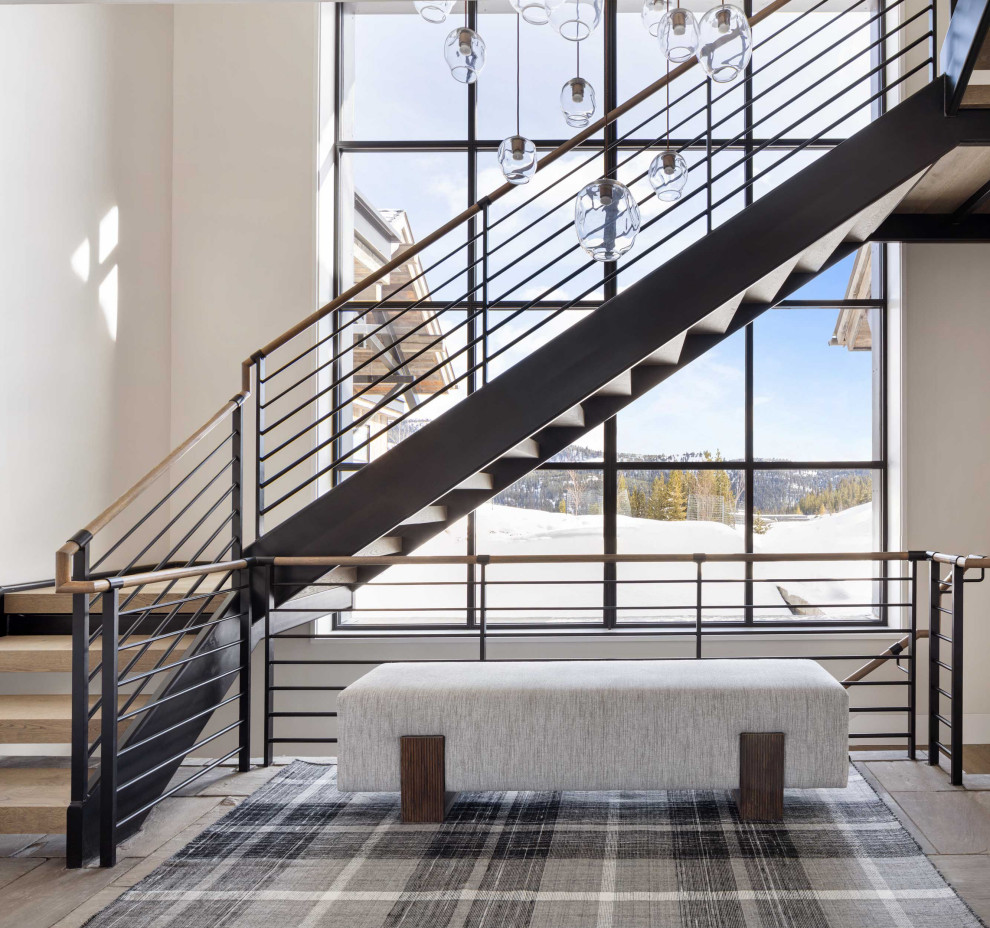 Inspiration for a rustic wooden open and mixed material railing staircase remodel