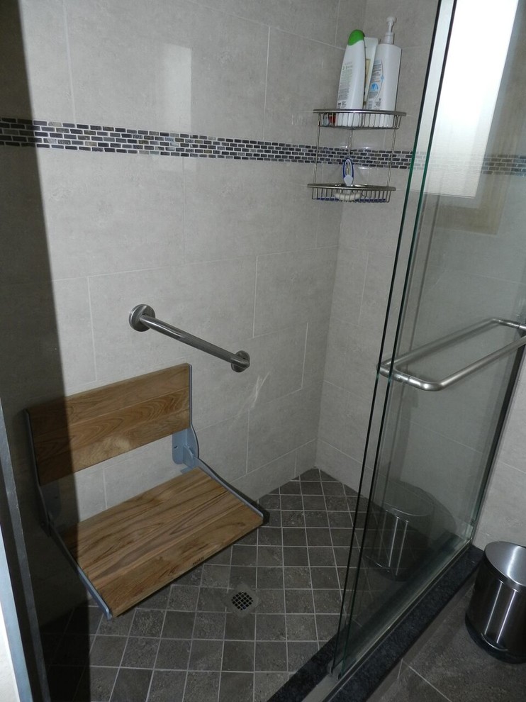 Alcove shower - mid-sized transitional gray tile and porcelain tile alcove shower idea