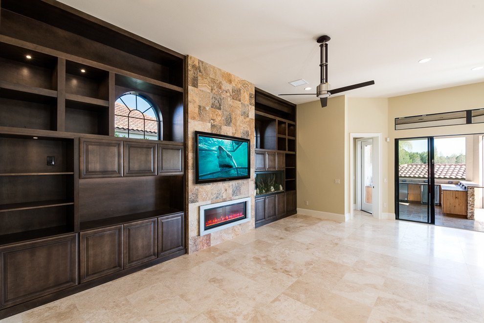 Inspiration for a transitional open concept family room in Orlando with travertine floors, a stone fireplace surround and a wall-mounted tv.