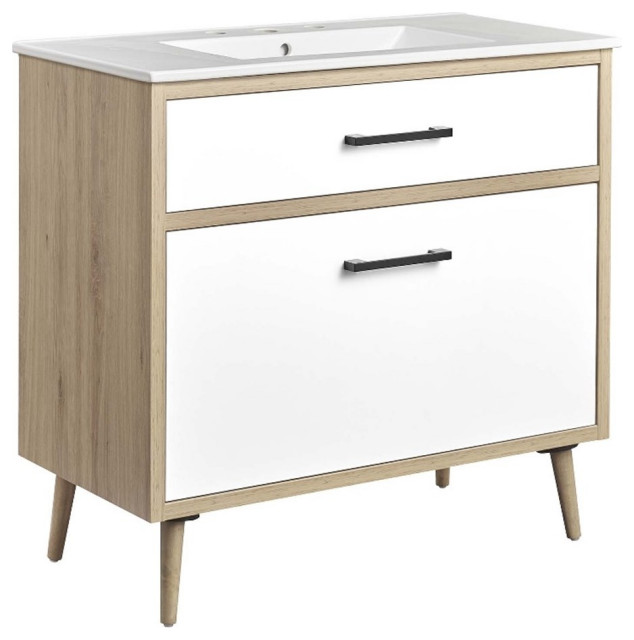 Modway Maverick 36" Wood Bathroom Vanity with Tapered Legs in White/Oak Midcentury Bathroom