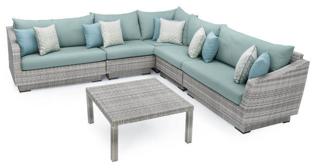 Cannes 6 Piece Aluminum Outdoor Patio Sectional and Table Set, Aqua