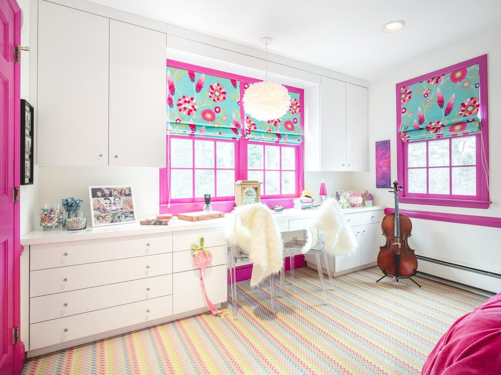 Mid-sized transitional kids' bedroom in New York with multi-coloured walls, carpet and multi-coloured floor for kids 4-10 years old and girls.