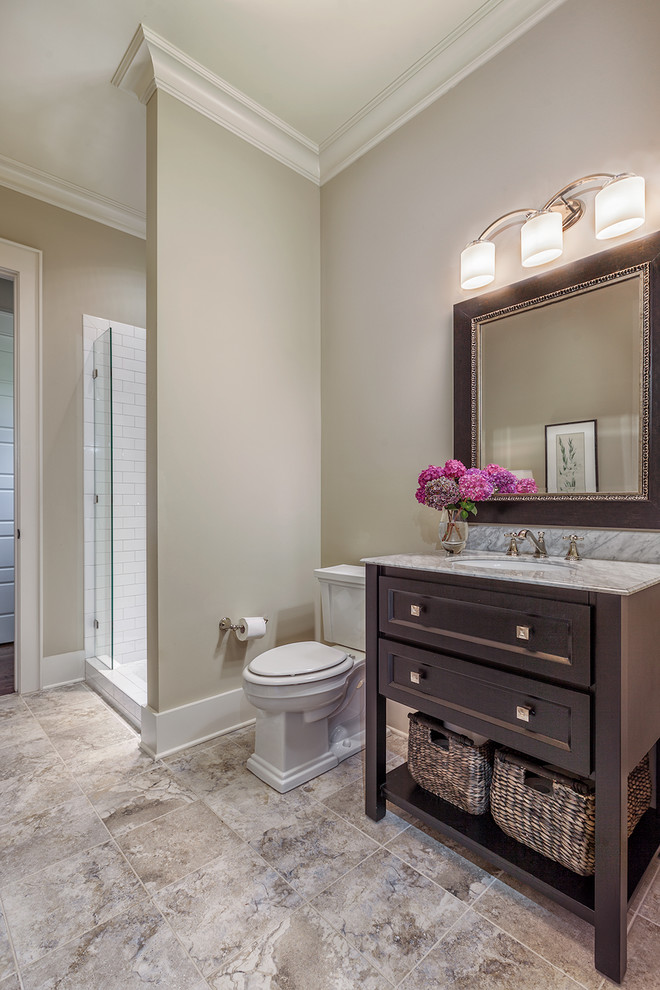 Inspiration for a large 3/4 multicolored tile and ceramic tile ceramic tile drop-in bathtub remodel with open cabinets, white cabinets, a one-piece toilet, beige walls, an undermount sink and granite countertops