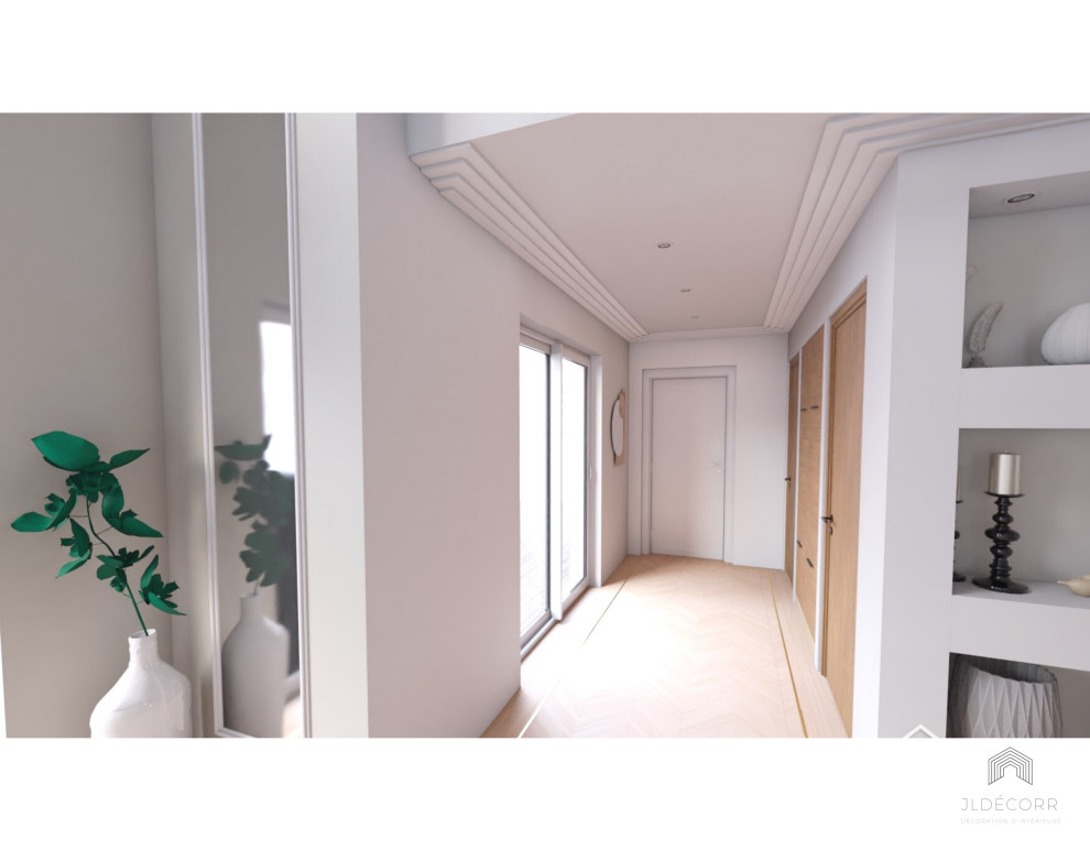 Cette photo montre un hall d'entrée chic de taille moyenne avec un mur blanc, parquet clair, une porte simple, une porte blanche, un sol blanc et un plafond décaissé.