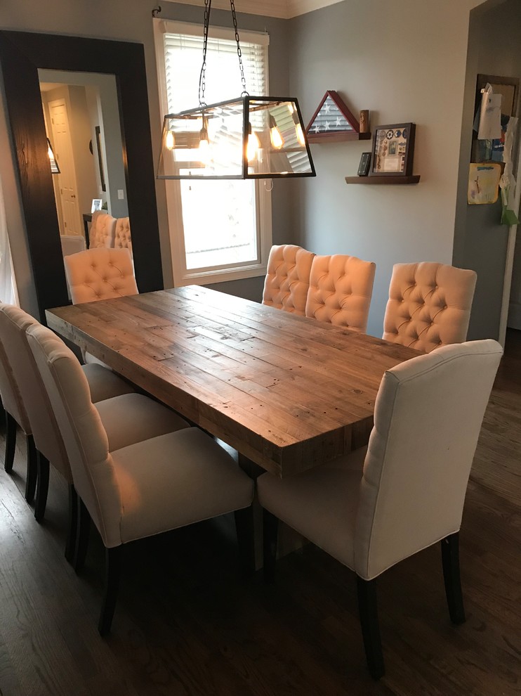 Enclosed dining room - mid-sized transitional dark wood floor and brown floor enclosed dining room idea with gray walls and no fireplace