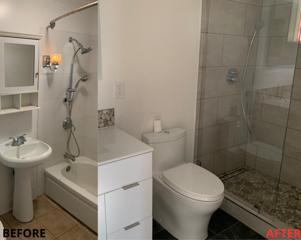 Modernes Badezimmer mit weißen Schränken, Wandtoilette mit Spülkasten, beigen Fliesen, Zementfliesen, weißer Wandfarbe, Unterbauwaschbecken, Quarzit-Waschtisch, grauem Boden, Falttür-Duschabtrennung, weißer Waschtischplatte, WC-Raum, Einzelwaschbecken und eingebautem Waschtisch in San Francisco
