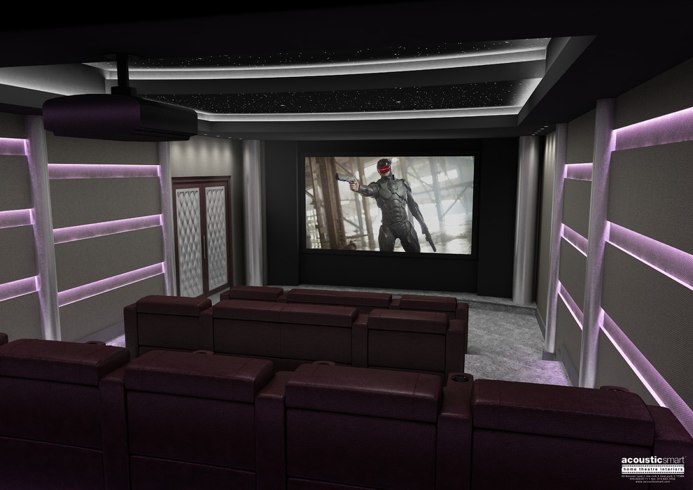 Design ideas for a large modern enclosed home theatre in New York with grey walls, carpet, a projector screen and grey floor.