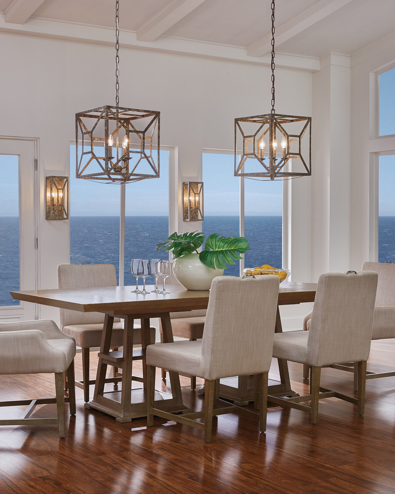 Inspiration for a mid-sized transitional dark wood floor and brown floor dining room remodel with white walls