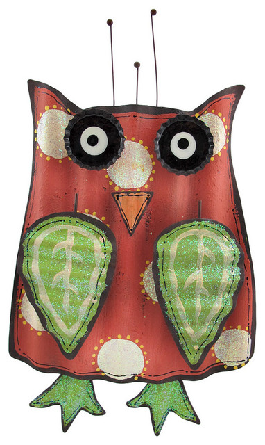 Whimsical Red and Green Wavy Tin Owl Wall Hanging