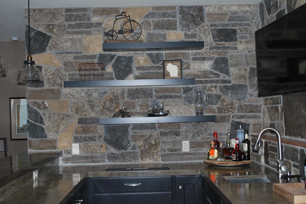 Enclosed kitchen - mid-sized rustic galley ceramic tile enclosed kitchen idea with an undermount sink, shaker cabinets, blue cabinets, concrete countertops, multicolored backsplash, stainless steel appliances and a peninsula