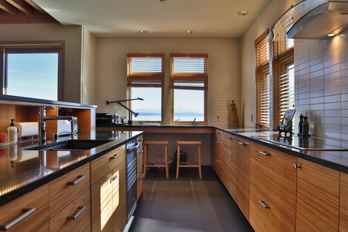 Wabi-sabi kitchen in Canada — horizontal-grain wood cabinets, matte black stone countertops, galley layout, coastal view, warm natural light