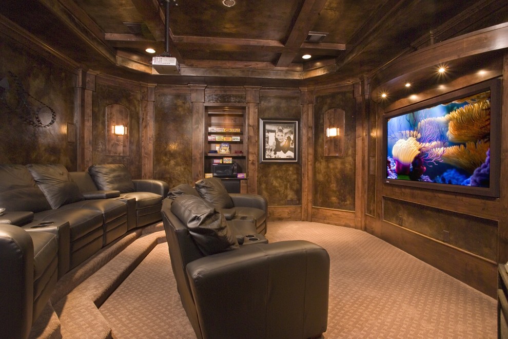 Design ideas for a traditional home theatre in Houston with a projector screen and brown floor.