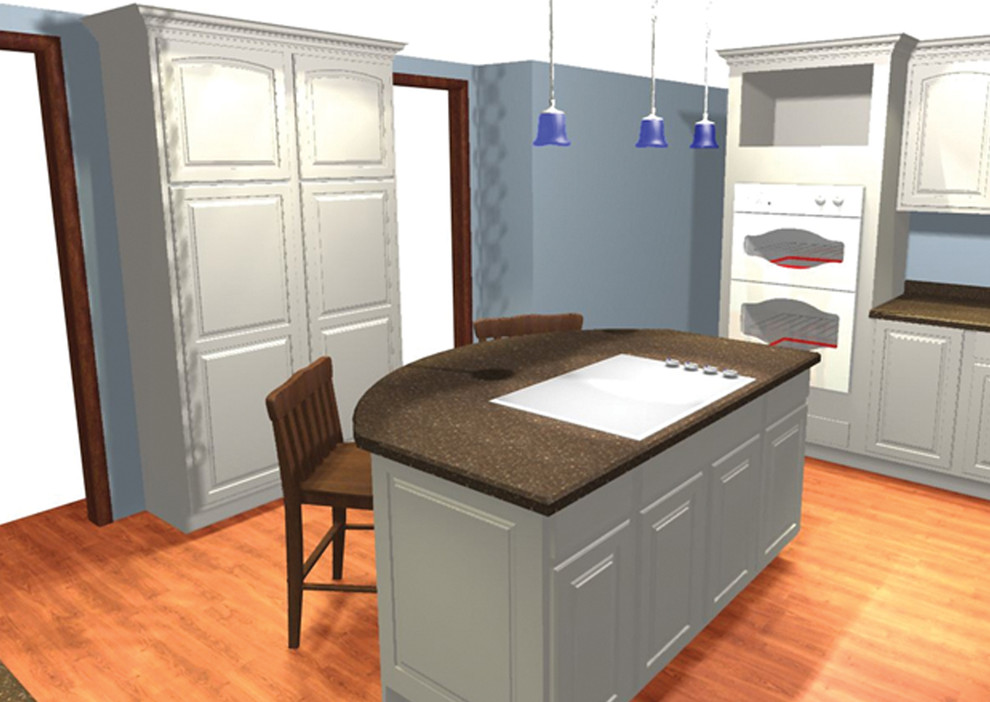 Example of a mid-sized transitional l-shaped medium tone wood floor and brown floor eat-in kitchen design with an undermount sink, raised-panel cabinets, white cabinets, quartz countertops, multicolored backsplash, stainless steel appliances, an island and multicolored countertops