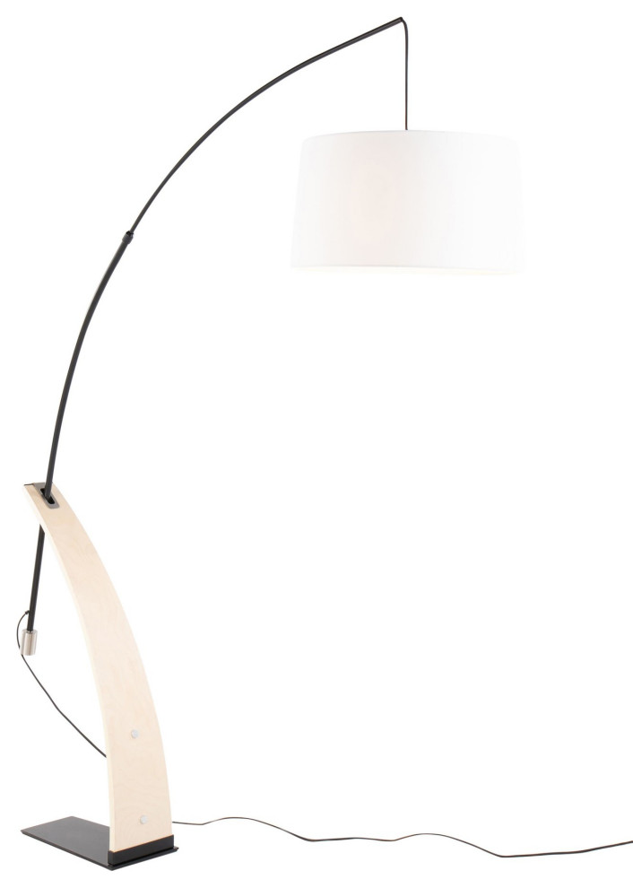 Robyn Floor Lamp, Natural Wood, Black Metal, White Linen Transitional