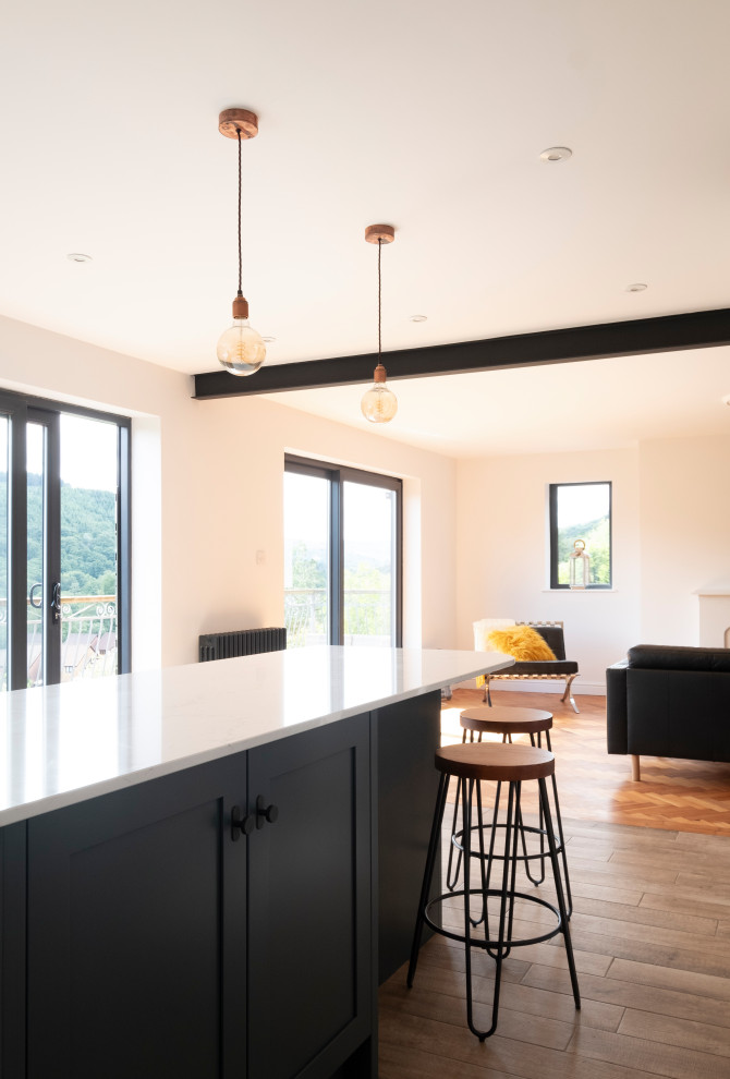 Photo of a medium sized industrial u-shaped open plan kitchen in Other with an integrated sink, shaker cabinets, green cabinets, quartz worktops, glass sheet splashback, stainless steel appliances, laminate floors, an island, white worktops and feature lighting.