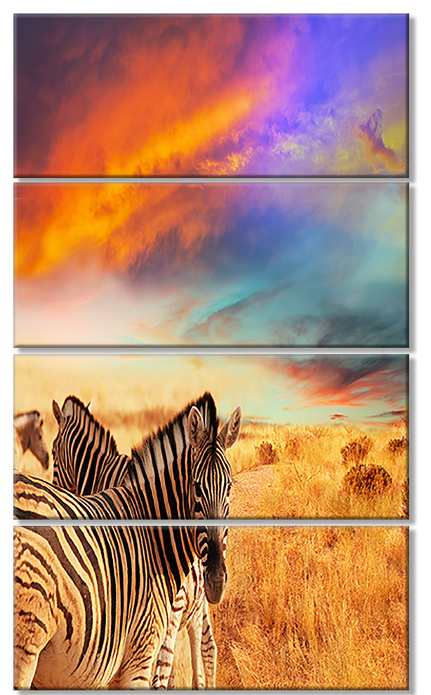 Zebras in Bush under Colorful Sky, African Canvas Art Print, 28