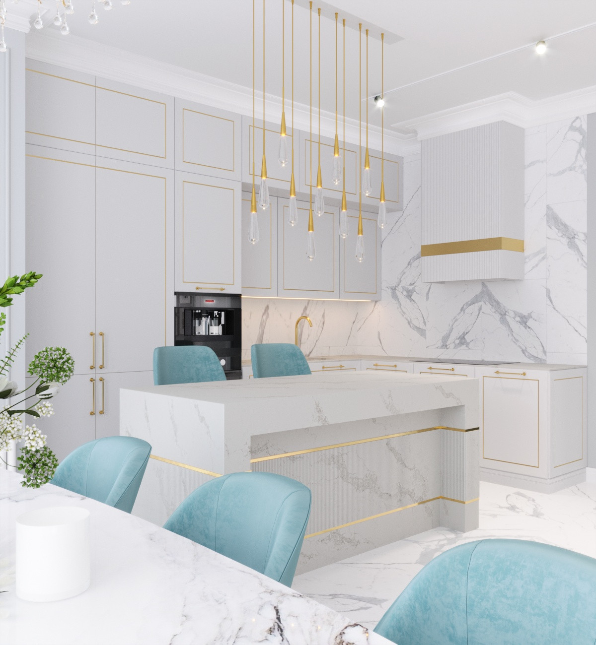 Светлая кухня с островом и яркой мебелью