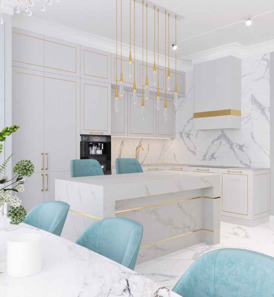 Светлая кухня с островом и яркой мебелью
