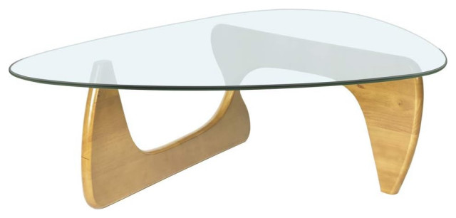 Unique Coffee Table, Sculptural Curved Base With Triangle Glass Top, Natural