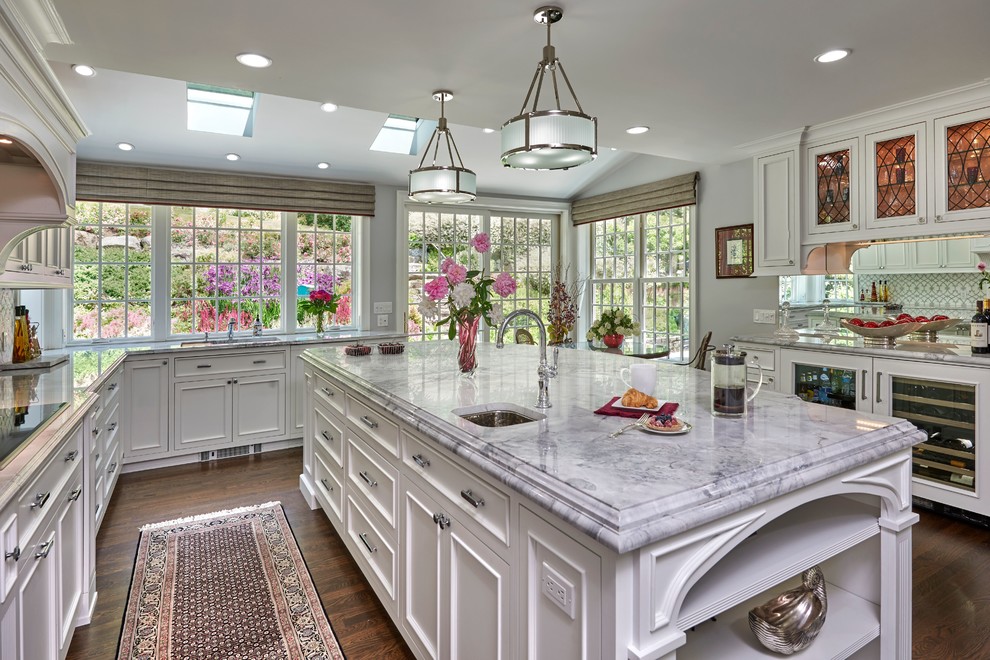 Inspiration for a timeless kitchen remodel in New York with quartzite countertops, white backsplash, marble backsplash and gray countertops