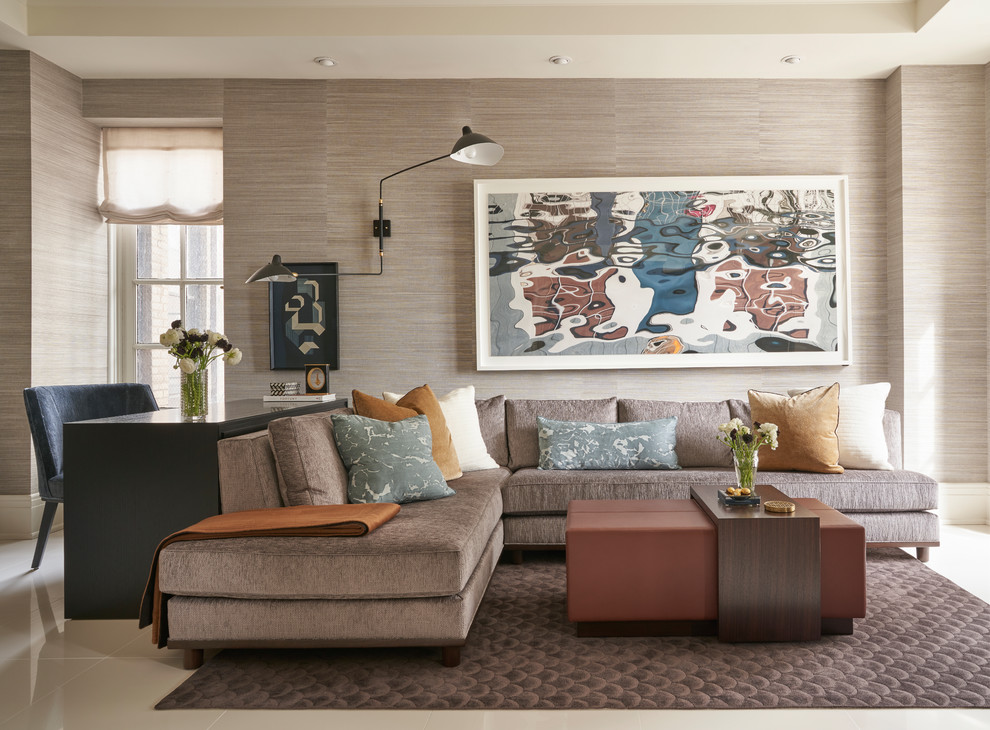 Photo of a contemporary open concept living room in Chicago with beige walls, ceramic floors, no fireplace and beige floor.
