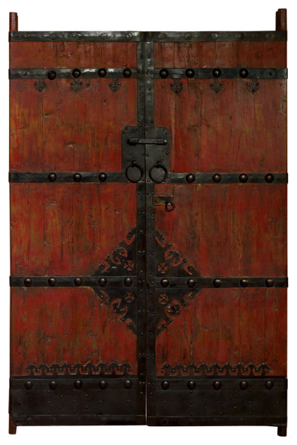 Vintage Distressed Red Chinese Temple Doors with Iron Hardware