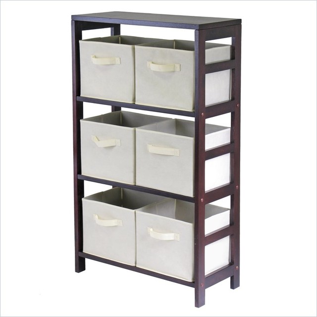 Winsome Leo 3-Section Wide Storage Shelf with 6 Foldable Beige Fabric Baskets